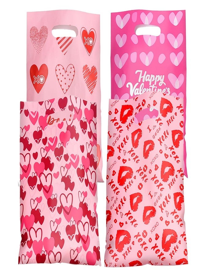 Jocomoni 100Pcs Valentine's Day Gift Bag Plastic Treat Bag with Handle Valentines Candy Bags Heart Goodie Bags for Valentine's Day Party Favor Supplies Classroom Gift Exchange - Image 1